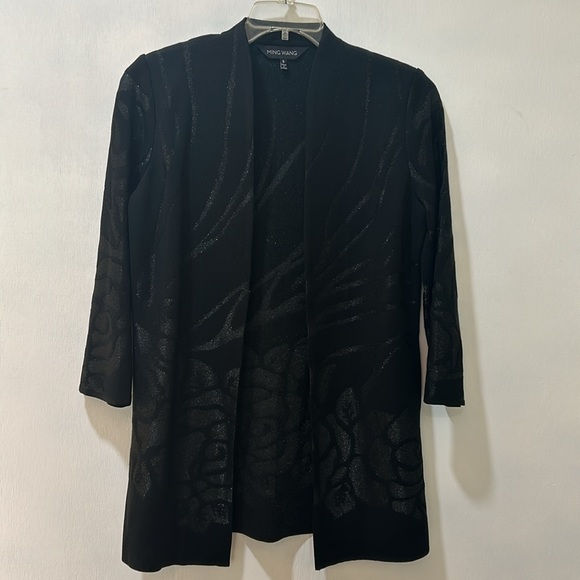 MING WANG OPEN CARDIGAN SWEATER WOMEN Sz SMALL BLACK FLORAL LONG SLEEVES - Picture 2 of 13